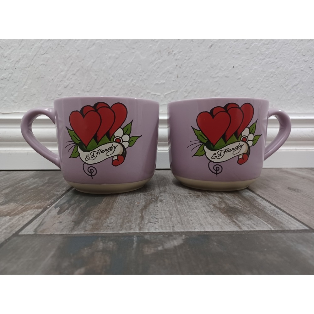 2 Piece Ed Hardy Three Hearts Tattoo Logo Purple Mug New